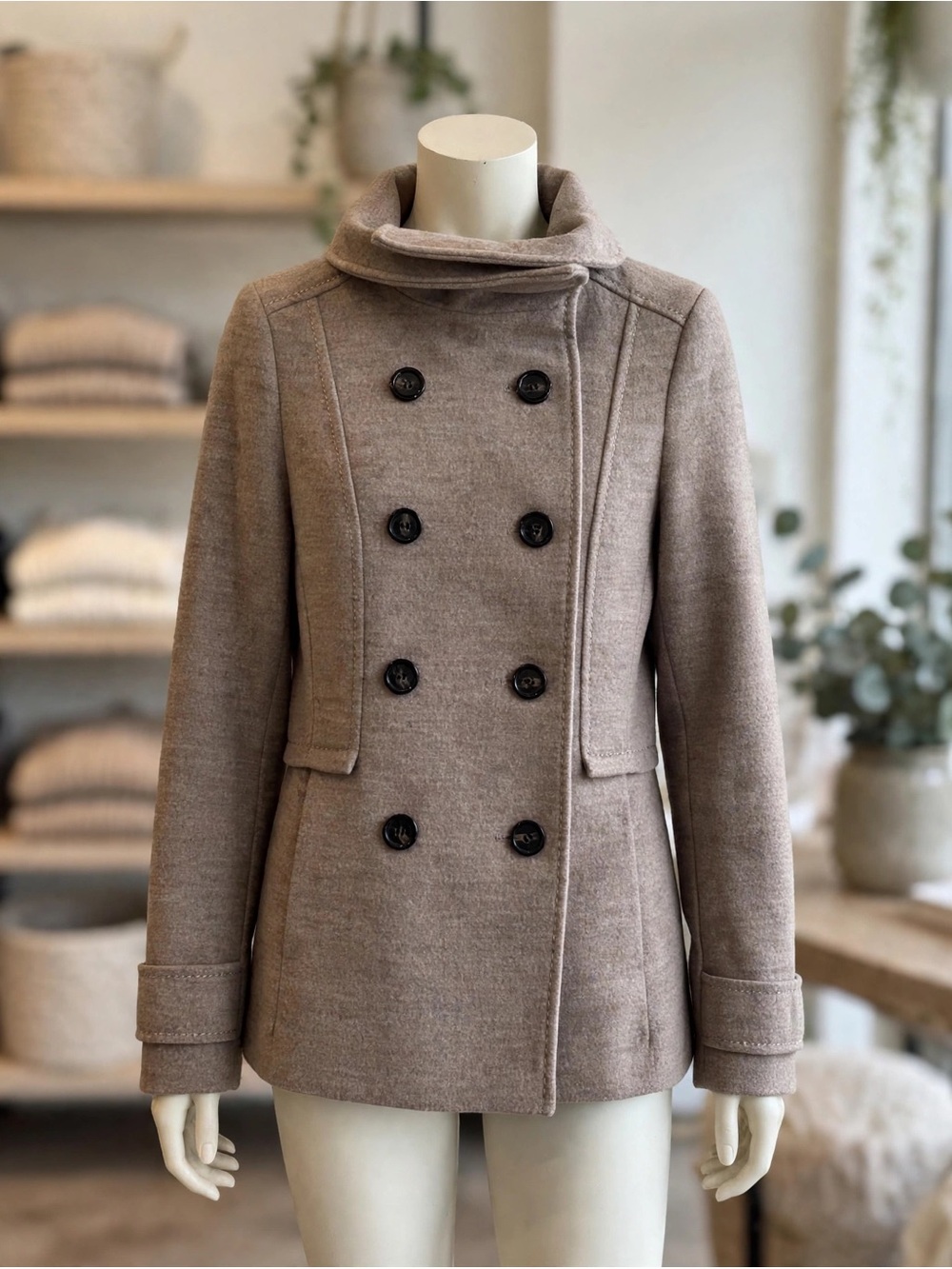H&M Double-Breasted Wool-Blend Peacoat in Taupe